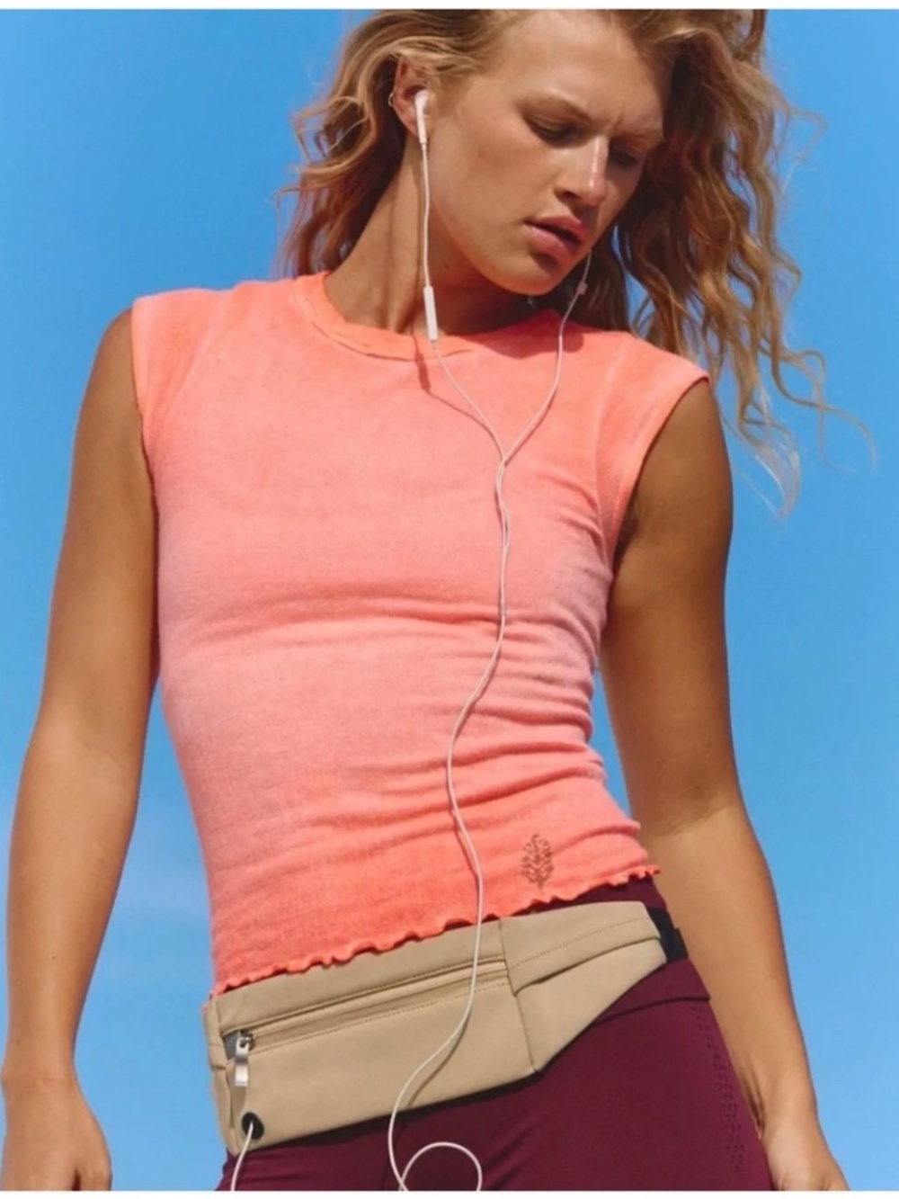 NWOT FREE PEOPLE MOVEMENT DOUBLE POINT TEE NEON CORAL M/L